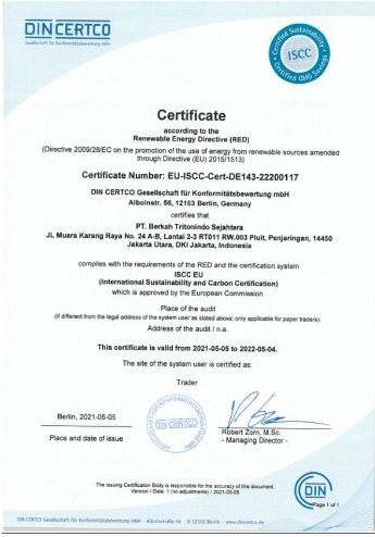 Scan of the ISCC certificate for the palm kernel shell stockpile obtained on May 5, 2021.